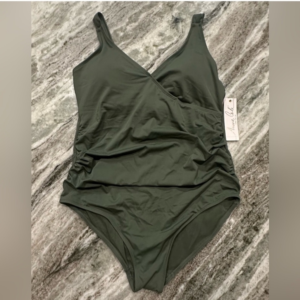 NWT Anne Cole Surplice V-Neck One Piece Olive Swimsuit 18W